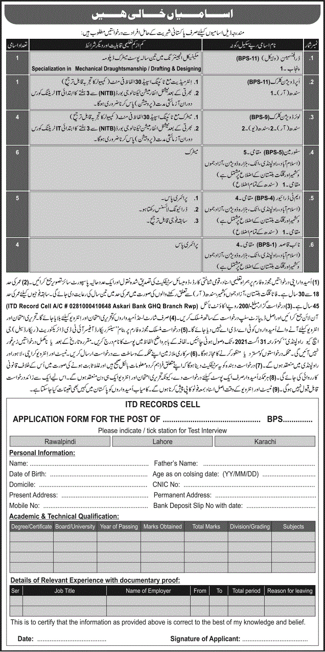 Latest Pak Army Jobs 2022 Pakistan Army ITD Records Cell Rawalpindi