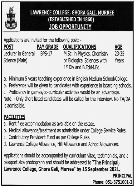 Latest Lawrence College Ghora Gali Murree Jobs 2022